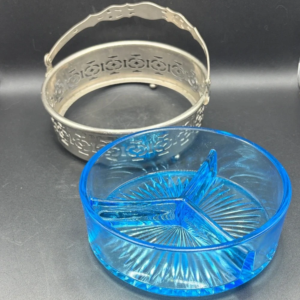 Vintage Mid Century Blue Glass Divided Dish in Silver Tone Metal Handled Basket